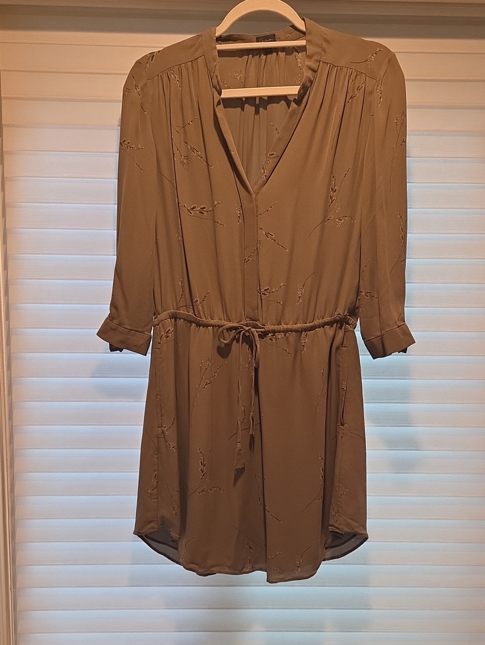 Long Sleeve Tan Tie-Waist Shirt Dress